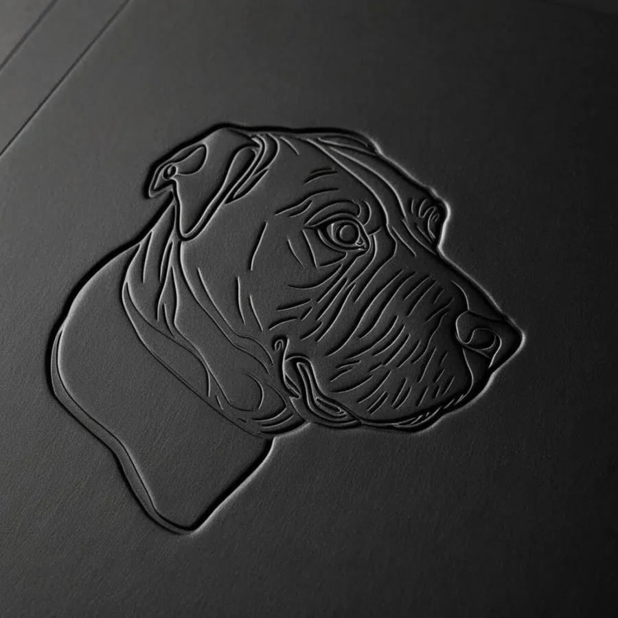 A debossed portrait pressed into a matte black carton