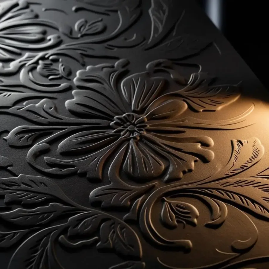 A raised floral emboss catching the light