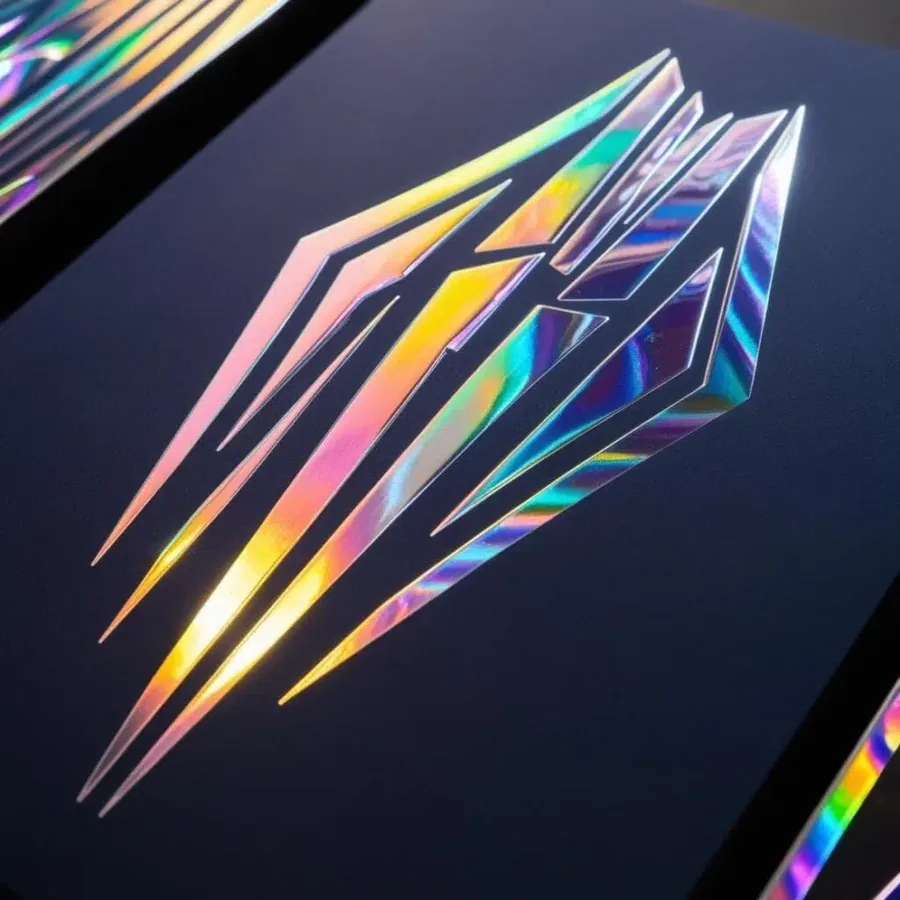 A color-shifting holographic stamp on a dark panel