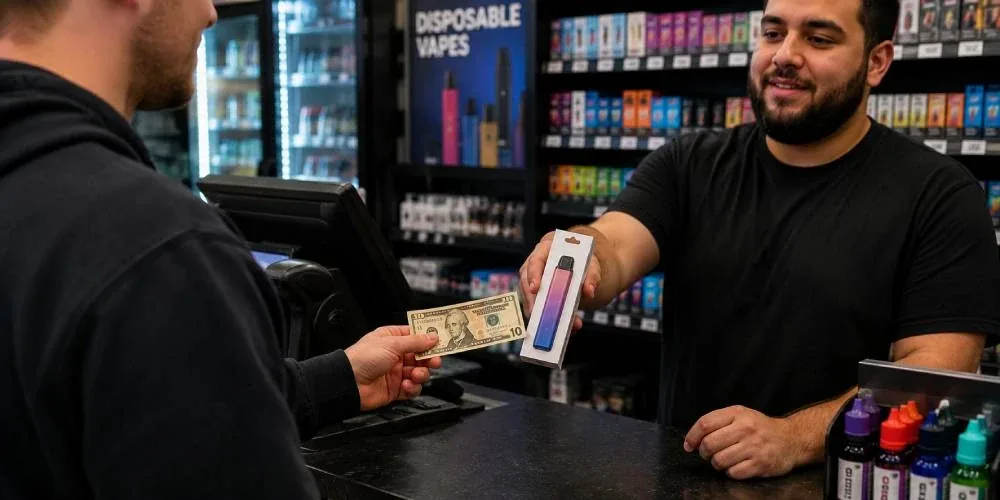 A staff member passing a printed carton across a shop counter