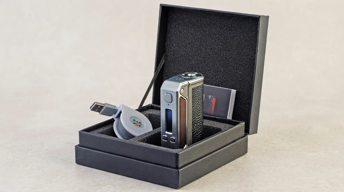 A black rigid box holding a device, spare pods and a charging cable