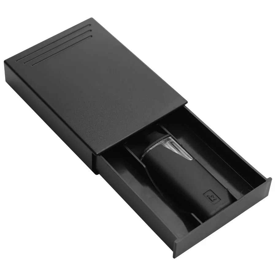 A push-and-slide box, tab held in