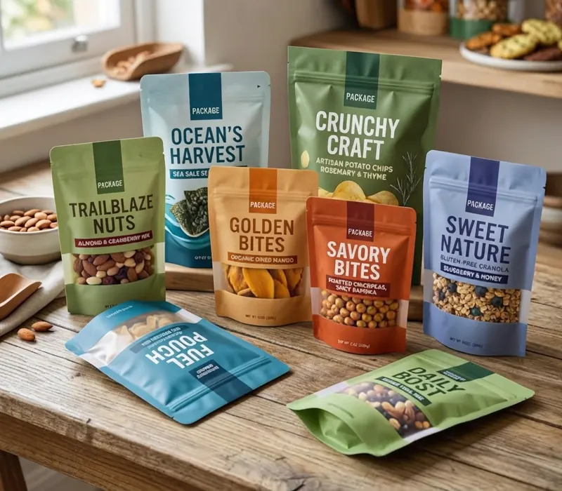 A pantry shelf of printed pouches holding granola and dry goods