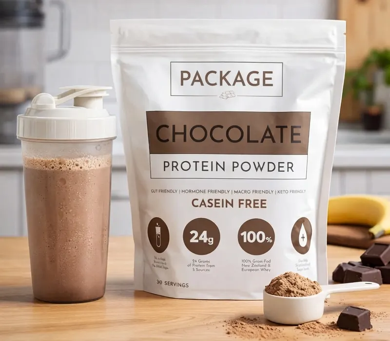 A tub of chocolate protein powder beside a scoop on a kitchen counter