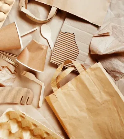 A kraft paper pouch made from renewable stock standing on a plain surface