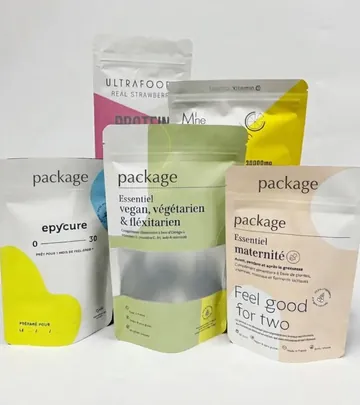 Four matte-printed stand-up pouches in soft pastel colors