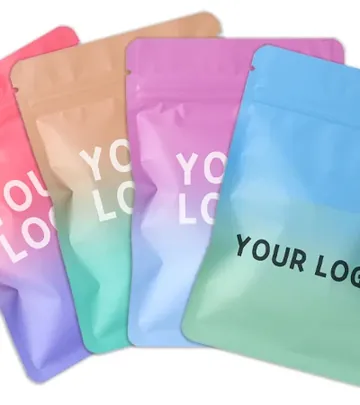 Pastel gradient flat pouches printed with a placeholder logo