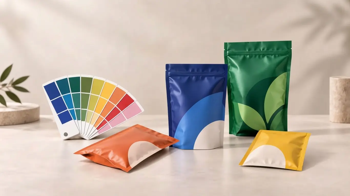 Printed pouches standing behind a Pantone color fan deck