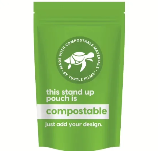 A printed stand-up pouch with a resealable zipper standing on a light surface