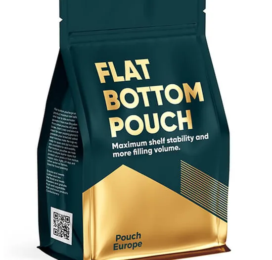 A dark green flat-bottom pouch printed with the words Flat Bottom Pouch