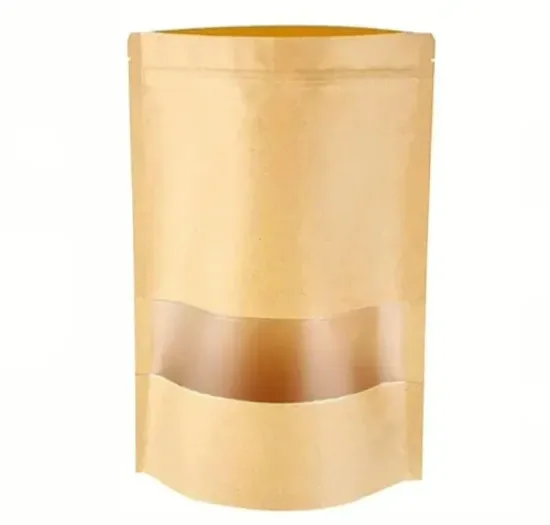 A kraft stand-up pouch with a press-to-close zipper at the top