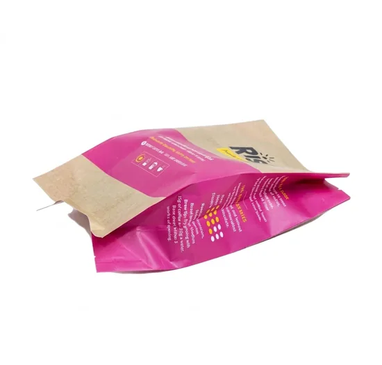 A pink side-gusseted pouch lying flat with its folded sides open