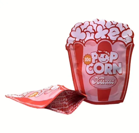 A die-cut pouch with a shaped top and a printed ribbon detail