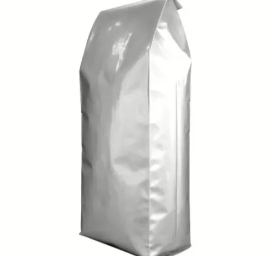 A silver high-barrier laminated pouch with a sealed top seam