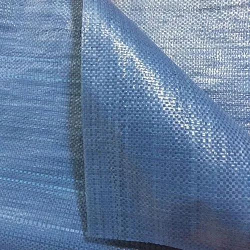Blue laminated woven polypropylene folded back to show the gloss film over the weave