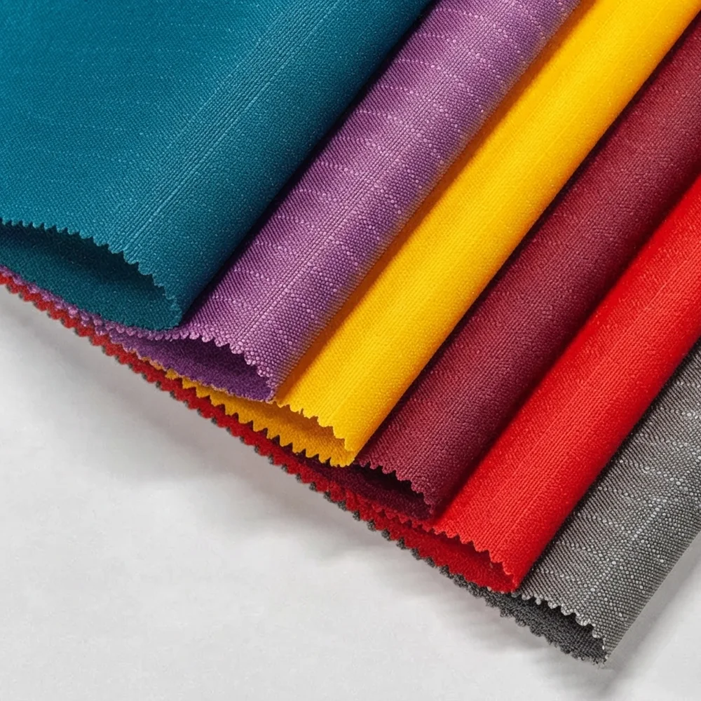 Teal, purple, yellow, maroon and red recycled PET fabric swatches with pinked edges
