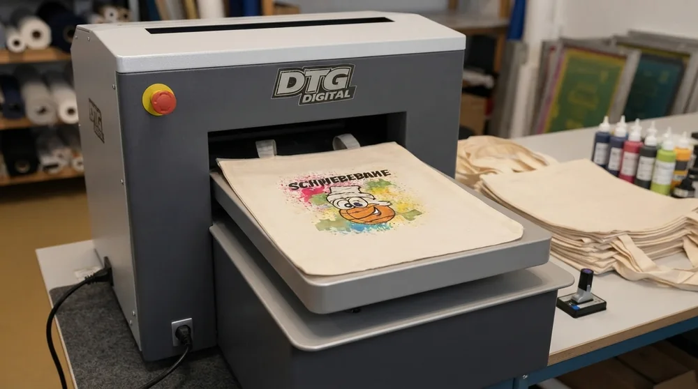 A direct-to-garment printer laying a full-color illustration onto a cotton tote bag