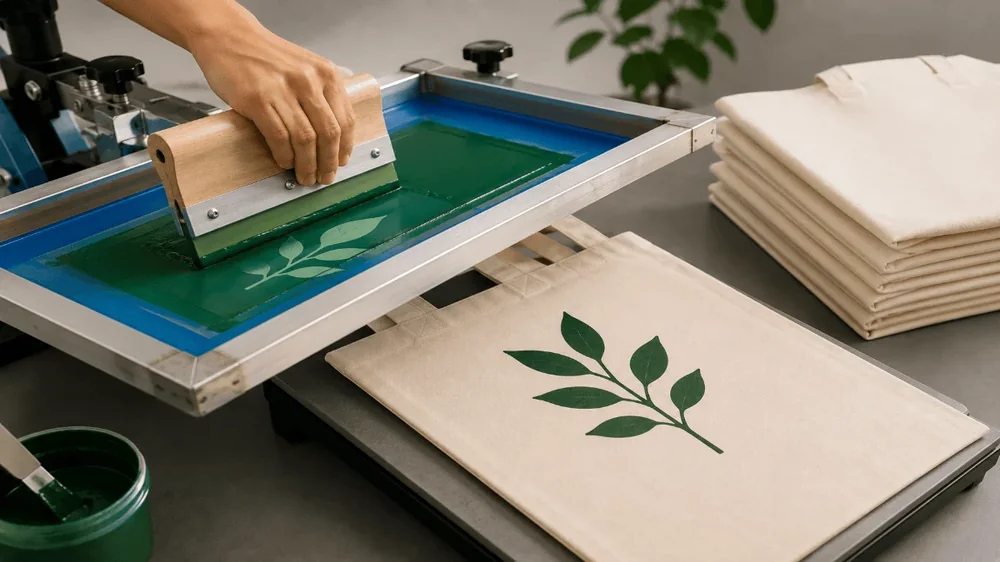 A squeegee pulling green ink through a screen onto a cotton tote on a press bed