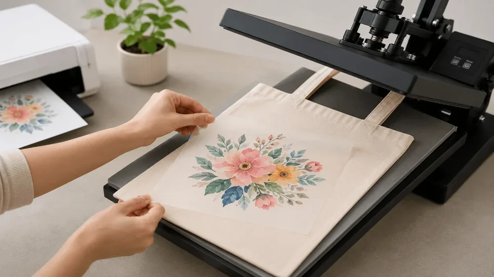 Hands aligning a floral transfer film on a cotton tote under a heat press arm