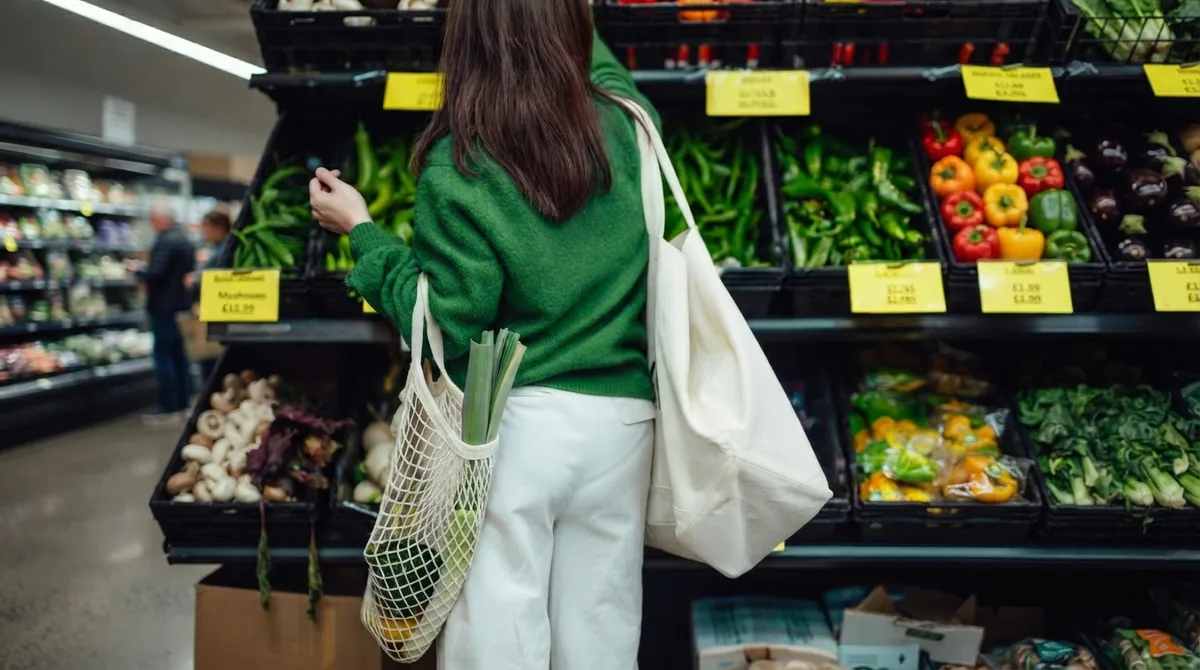 A shopper filling a cotton tote and a mesh produce bag at a vegetable display
