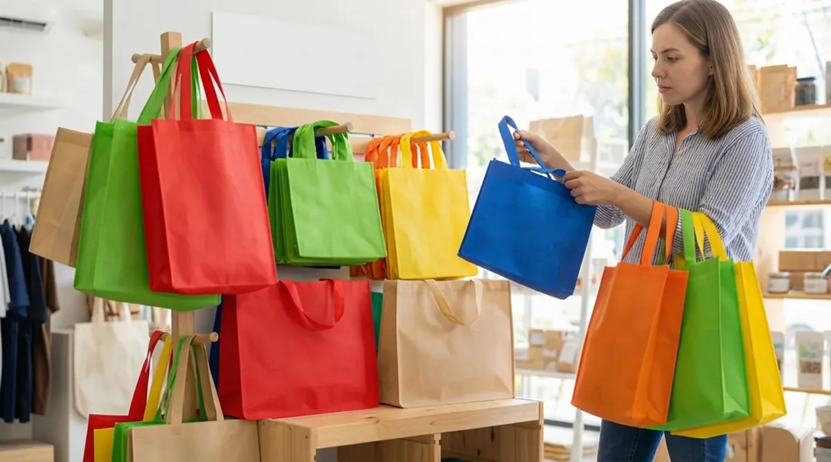A rack of printed giveaway bags in green, red, blue and yellow in a shop