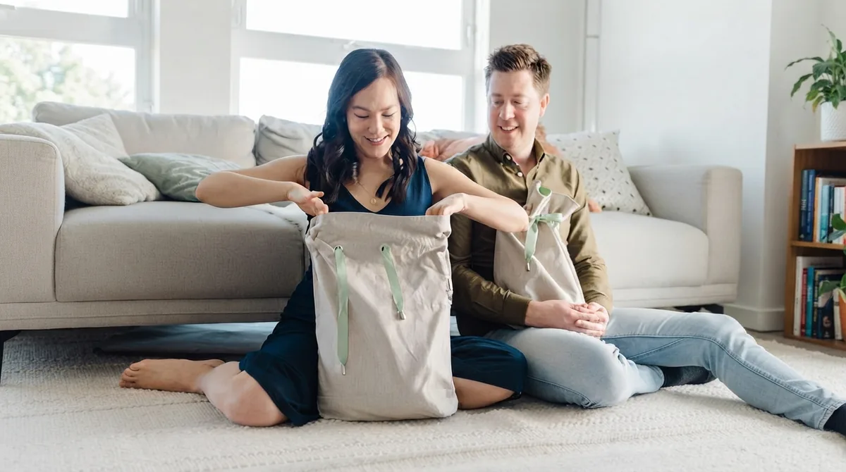 Two drawstring bags being packed by a couple sitting on a living-room floor