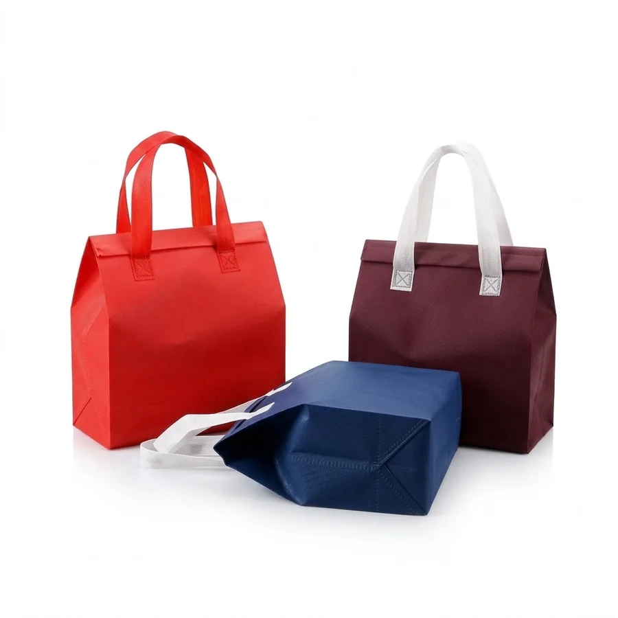 Red, maroon and navy insulated lunch bags with cross-stitched webbing handles