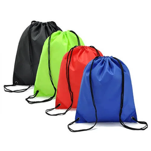 Black, lime, red and royal blue drawstring backpacks with black cord straps