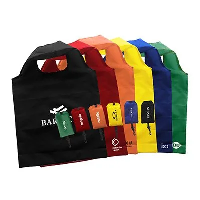 Six foldable nylon bags in black, red, orange, yellow, green and blue, each in its own pouch