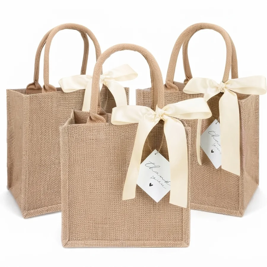 Three natural jute gift bags with cotton rope handles and cream satin bows