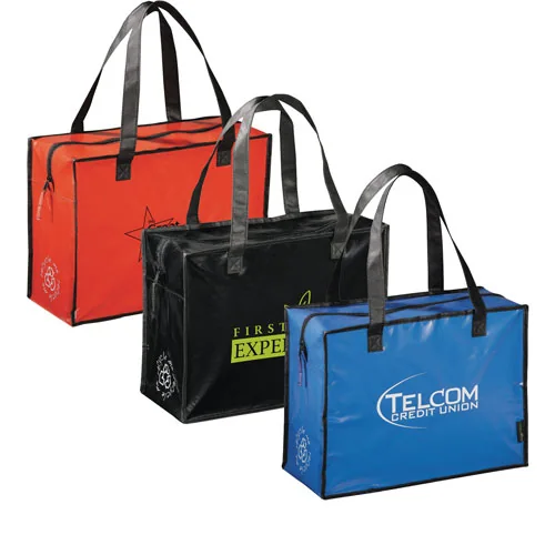 Red, black and blue laminated shopping bags with zip tops and webbing handles