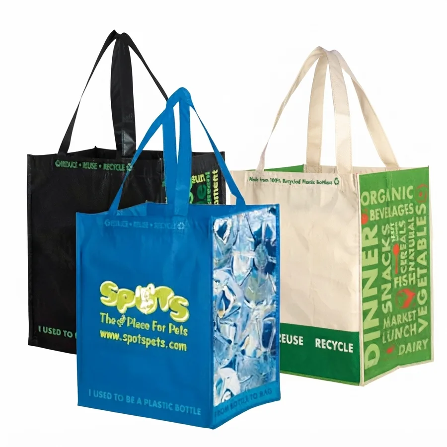 Black, blue and natural recycled PET shopping bags printed with recycle-message artwork