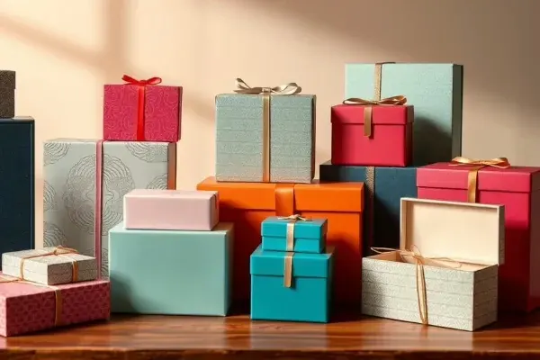 A large stack of lidded gift boxes in pink, teal and orange