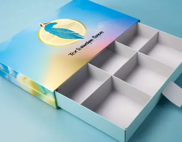 A gradient-printed rigid box holding a white six-compartment insert tray