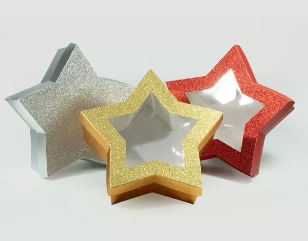 Silver, gold and red rigid boxes die-cut into star shapes