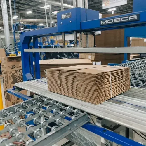 Stacks of die-cut box blanks resting flat on a die-cutter bed in the plant