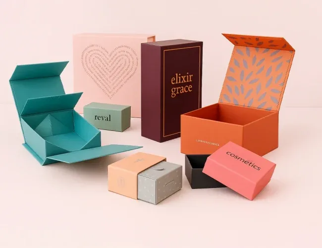 A family of rigid boxes in teal, orange and navy with printed lids
