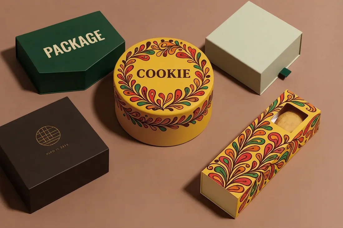 A dark rigid box open beside a round tin and a printed compartment box
