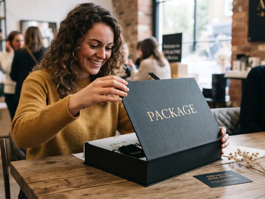 A woman lifting the lid of a black rigid box on a table