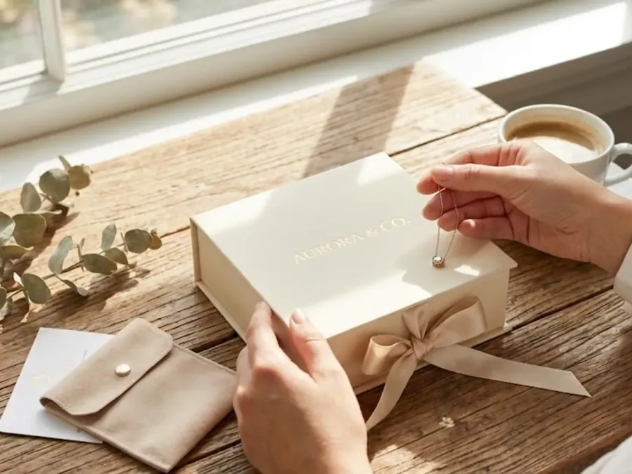 Hands folding tissue paper into a cream rigid box on a wooden table