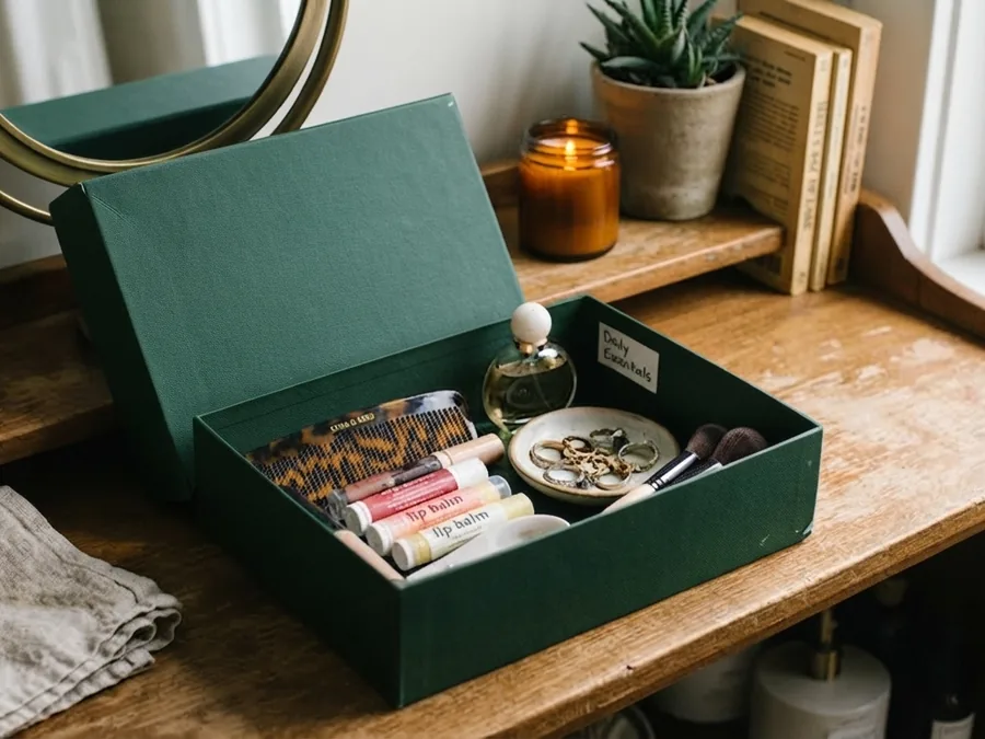 An open green rigid box on a wooden desk beside a mirror and a plant