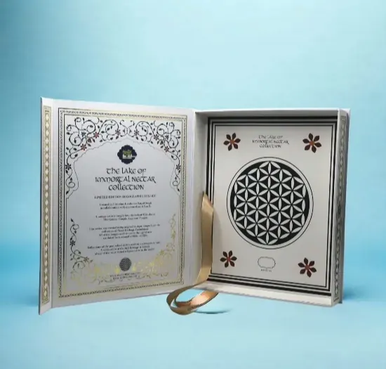 A silver rigid box hinged open like a book, showing a patterned inside panel