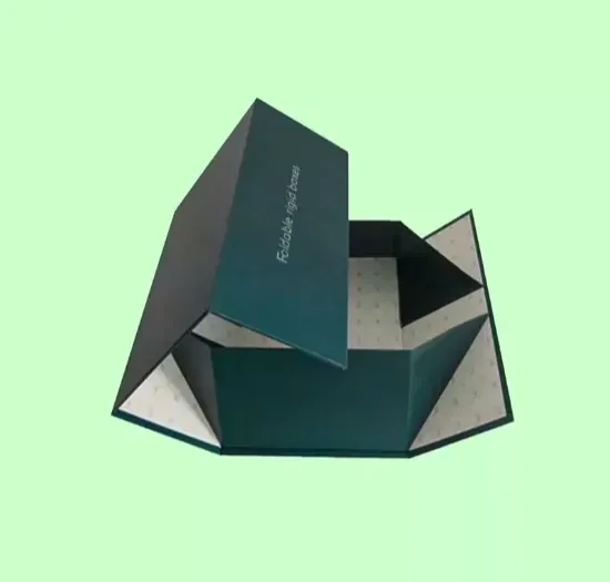 A dark green rigid box folded part-way down to show how the corners collapse