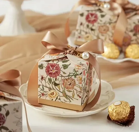 A floral-printed rigid gift box tied with a gold ribbon beside macarons
