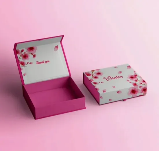 An open pink rigid box with a floral print on the lid and a printed inner panel