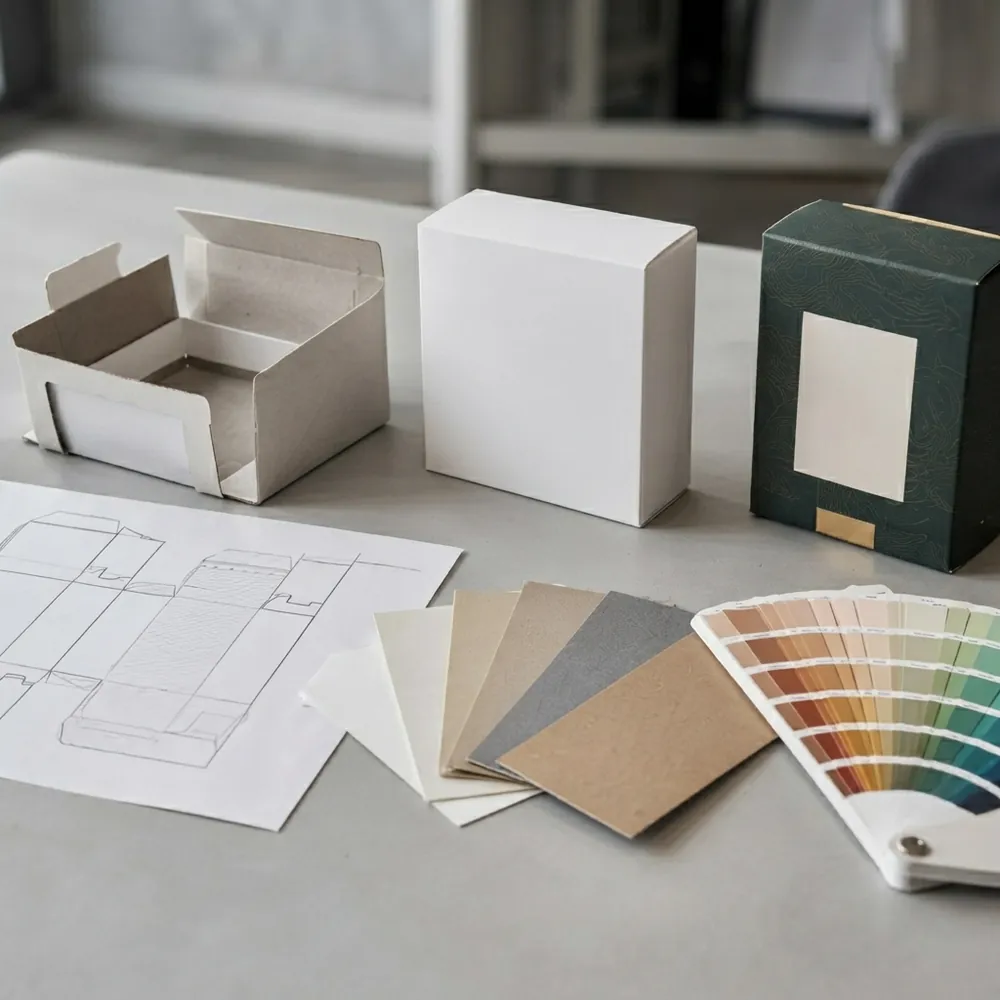 A sample approval desk with white dummies, a dieline printout, board swatches and a colour fan