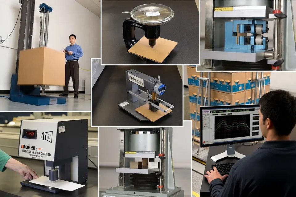 Material strength testing — a board drop test, a precision micrometer and a compression tester