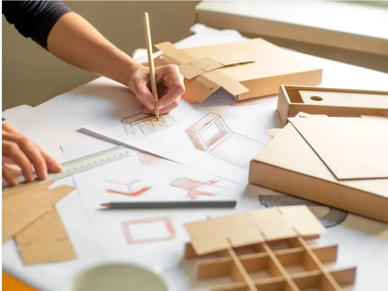 Designer sketching a dieline on paper beside kraft prototypes on a workbench