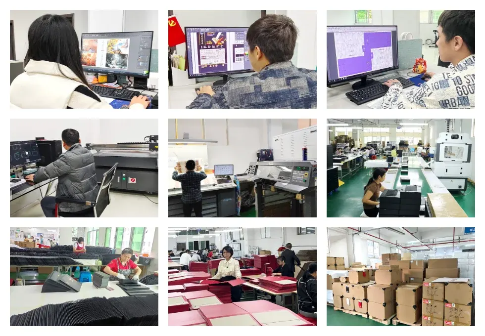 The LeelinePackage design and production floor: artwork on screen, die-cutting, folding and packed cartons ready for dispatch