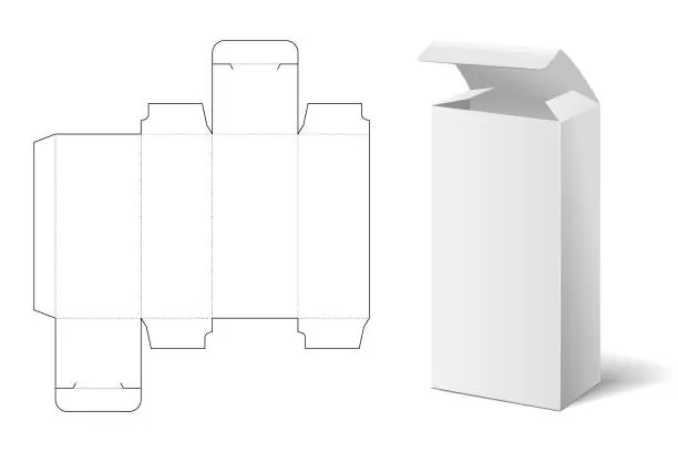Folded carton dieline laid flat beside a finished white tuck-end box